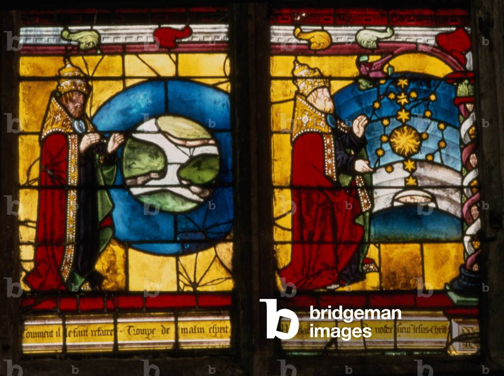 The Creation of the Earth and the Seas and the Creation of the Sun, the Moon and the Stars, detail of the Genesis window, French, 16th century (stained glass)