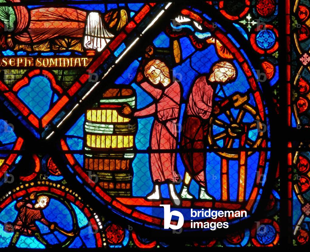 Detail from a window depicting scenes from the story of Joseph (stained glass)