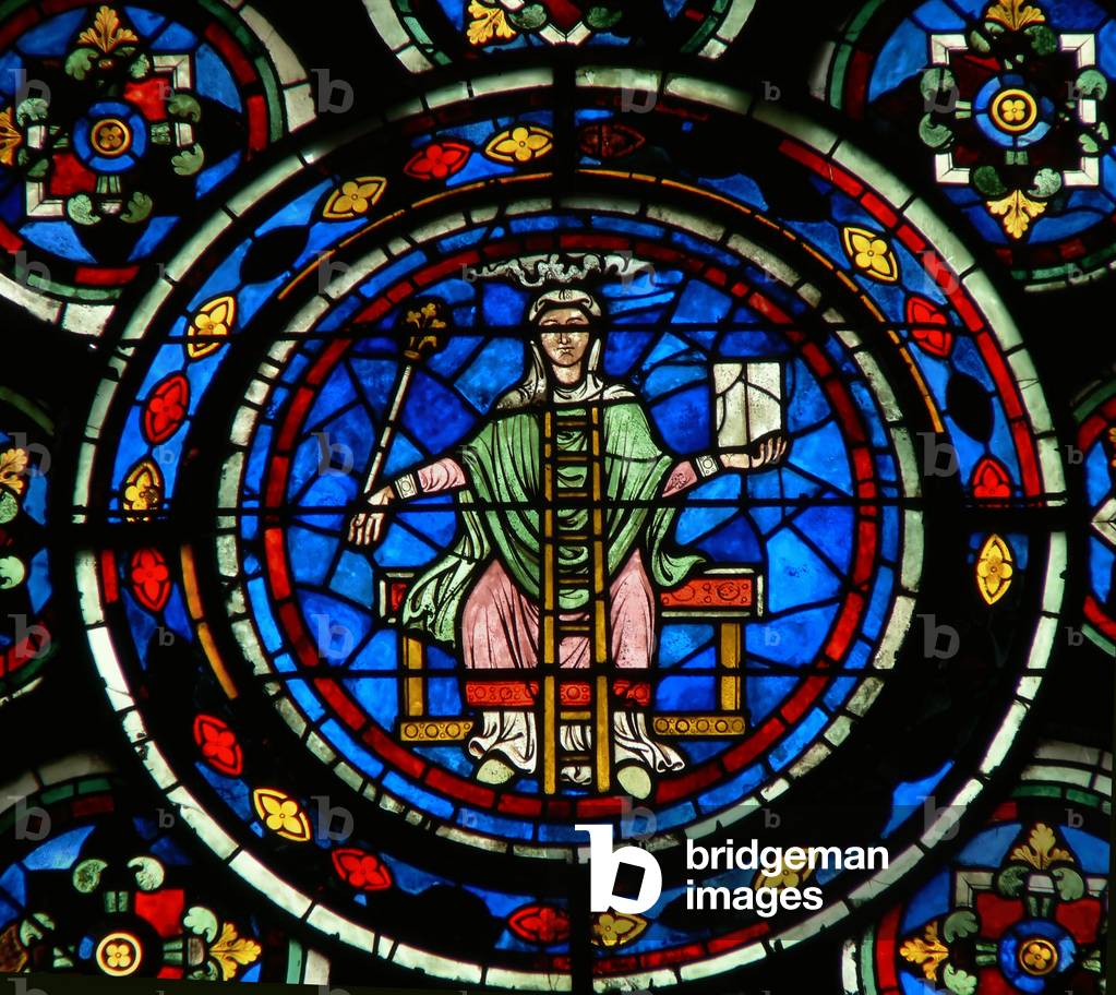 Detail from the north rose window depicting Philosophy from the Liberal Arts (stained glass)