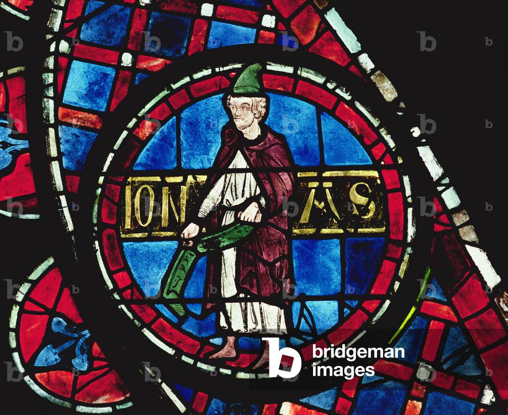 The prophet Jonah, detail from the north rose window, glazed by 1234 (stained glass)