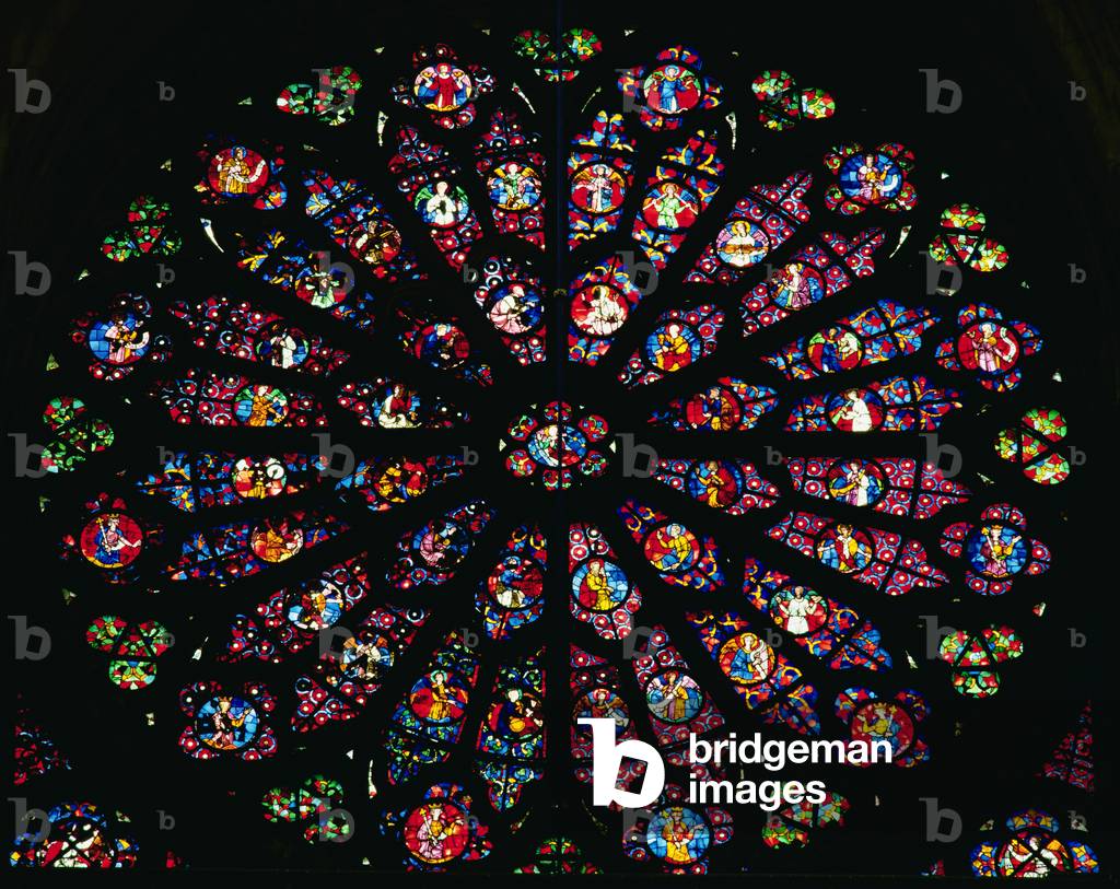 Death and Assumption of the Virgin and the Heavenly Choir, from the west rose window, c.1260 (stained glass) (see also 11494)