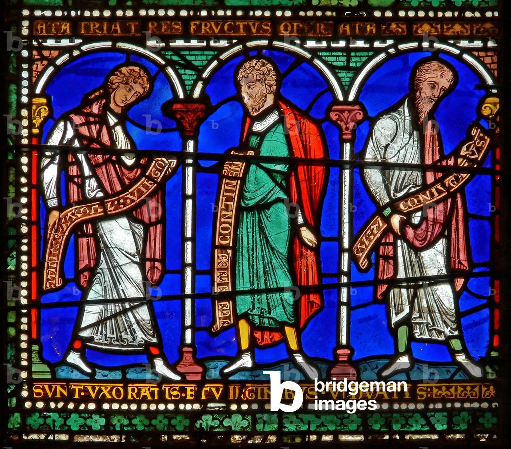 Detail from one of the Bible Windows depicting Virginity, Continence and Marriage (stained glass)