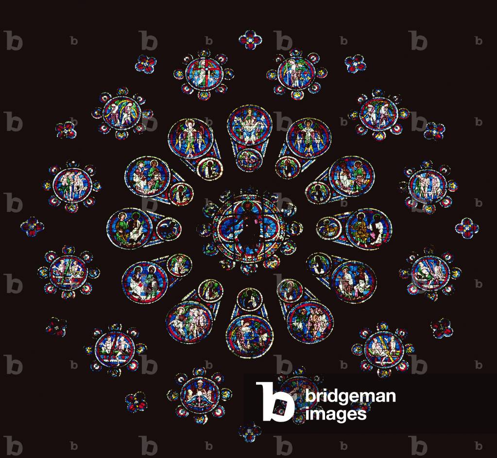 Instruments of the Passion and scenes from the Last Judgement; west rose window, central portion, c.1222