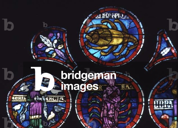 Zodiac sign Scorpio and Aermancy (prophecy by air or from birds), detail of rose window (with some 19th century restoration)