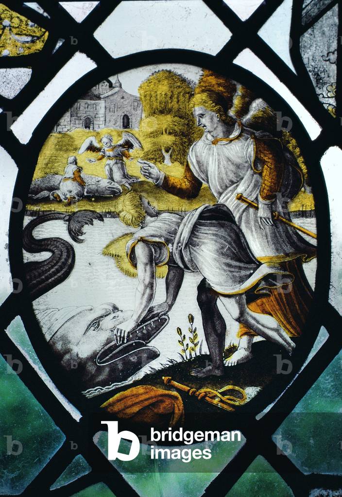 Window depicting Tobias and Archangel Raphael at the River Tigris (stained glass)