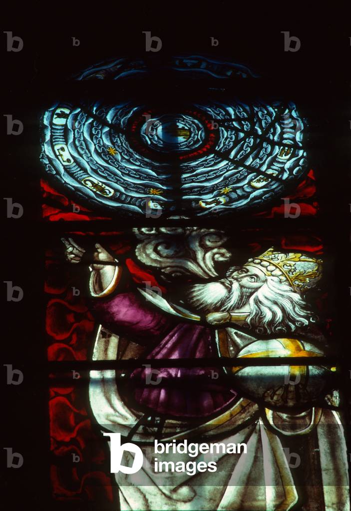 God creates the universe by the Word (stained glass)
