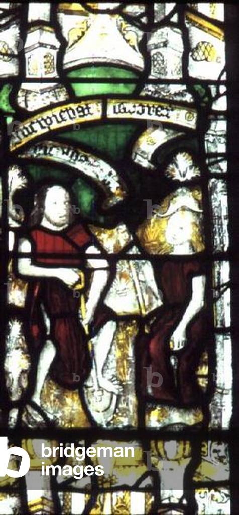 Window depicting Adam Digging and Eve Spinning (stained glass)
