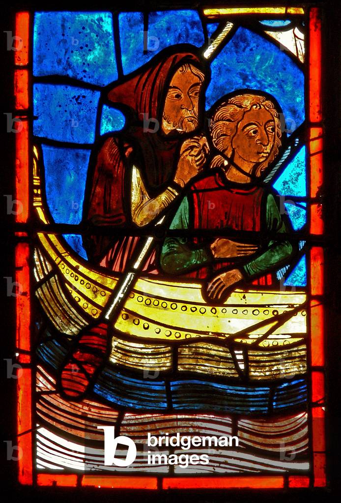 Detail from a window depicting scenes from the life of St. Mary the Egyptian (stained glass)