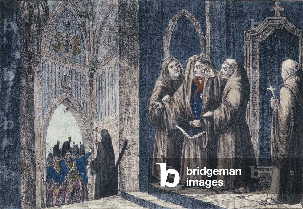 The Monks covering the King with a drape in the Camenz Convent (coloured engraving)