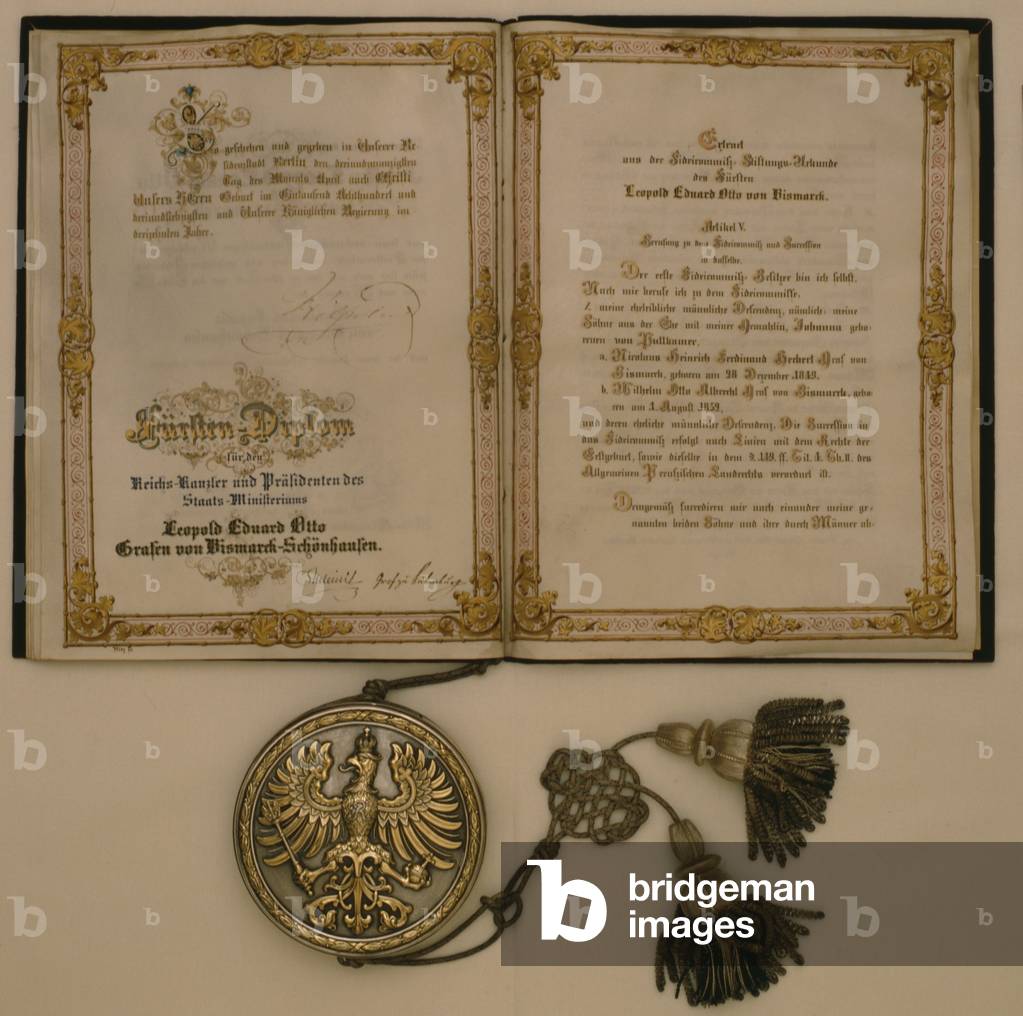 Prince Diploma for the Chancellor of the North German Confederation and the Minister-President of Prussia Leopold Eduard Otto Count von Bismarck-Schoenhausen, on the 23rd April 1873 (mixed media)