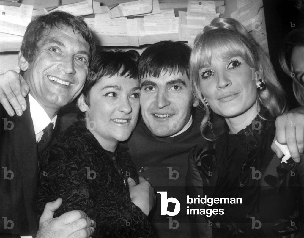 In his Dressing Room at Bobino Theatre After his Concert Serge Lama Is Congratulated By Felix Marten, Suzanne Gabriello and Daisy (Serge'S Wife) on October 24, 1968 (b/w photo)