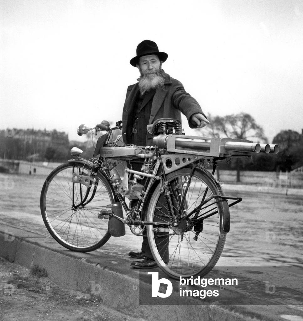 Competition of Invention (Lepine) on April 26, 1951 : A Man With his Jet Propelled Bike (b/w photo)