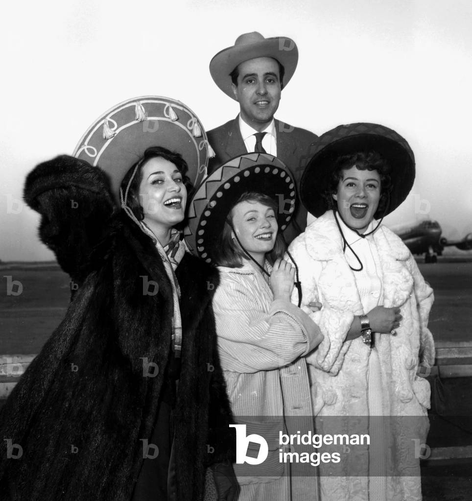 Francoise Fabian, Etchika Choureau, Dora Dou and Jean Bretonnieres Before Going To Punta Del Este Festival March 9, 1956 (b/w photo)