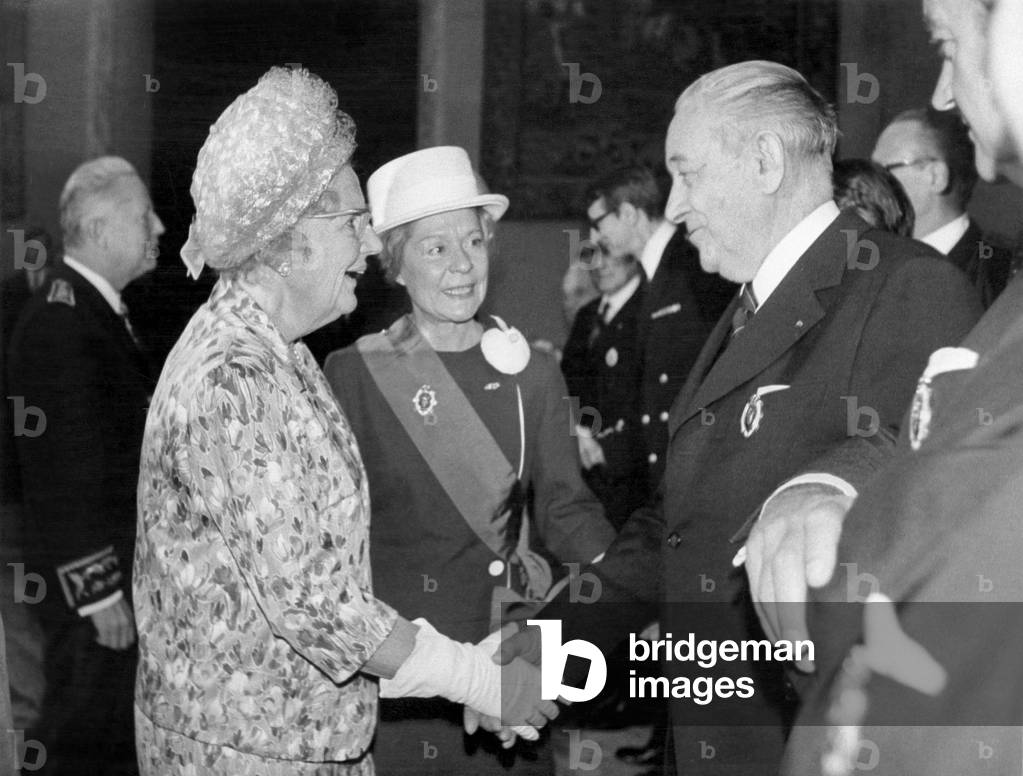 Mrs of Hautecloque (Center) President of Paris Council, Presenting Town Councillors To Queen Juliana of Holland (L) during her Visit in France June 20, 1972 (b/w photo)