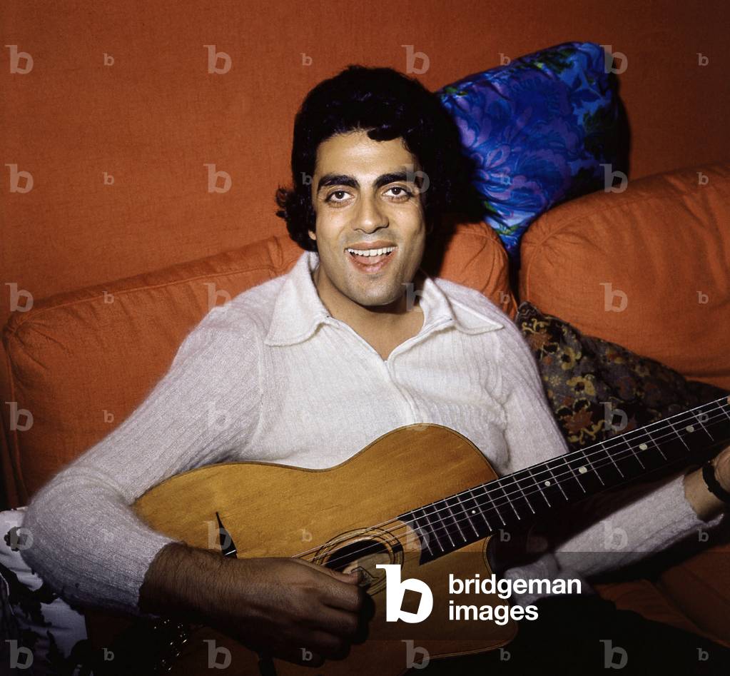 Enrico Macias, French Singer, at Home Playing Guitar, March 3, 1972 (photo)