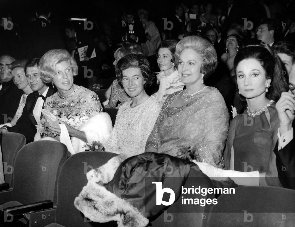 Mrs Claude Pompidou With The Begum (Yvette Labrousse Fourth and Last Wife of Shah Aga Khan III) and Viscountess Jacqueline of Ribes November 26, 1966 at Childhood Charity Gala in Paris (b/w photo)