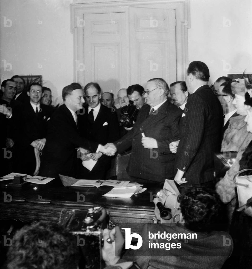 Treaty of Dunkirk March 4, 1947 Between France and England : L-R : Robert Prigent (Glasses), Georges Bidault (French Minister of Foreign Affairs), Ernest Bevin, A. V. Alexander (b/w photo)