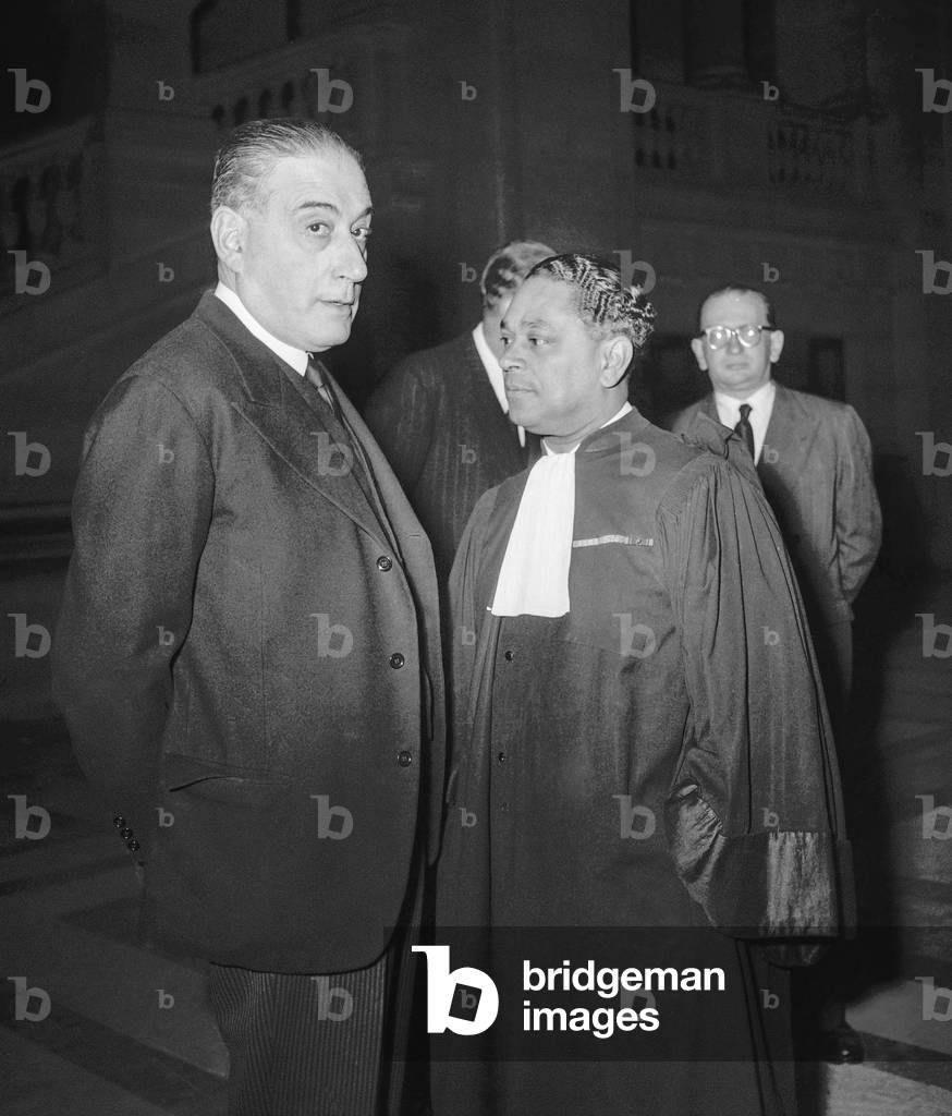 Opening of the conference of the lawyers, Paris, January 14, 1950 : Rene Mayer and Gaston Monnerville (b/w photo)