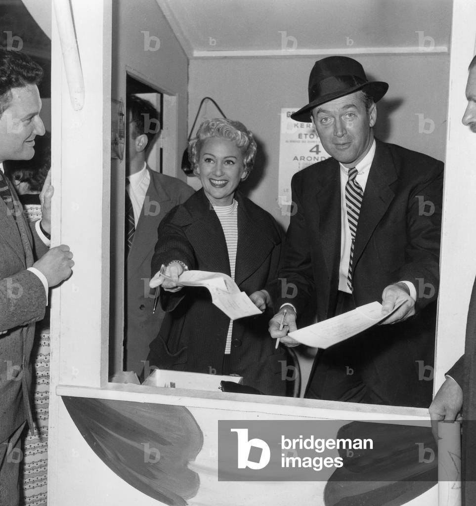 Martine Carol and James Stewart at Sale of Tickets For Lottery May 29, 1954 (b/w photo)