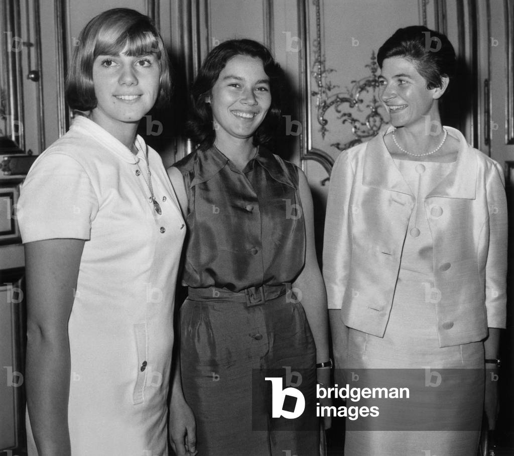 Lunch Organized By French Prime Minister Georgespompidou For French Sportsmen and Sportswomen Who Won Medals at Olympics Games : L-R : Christine Caron, Janou Lefevre, Maryvonne Dupureur November 4, 1964, Paris (b/w photo)