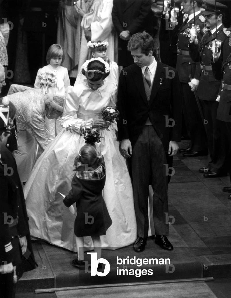Wedding of princess Margaretha of Luxembourg with prince Nicolas of Liechtenstein in Luxembourg on march 22, 1982 (b/w photo)