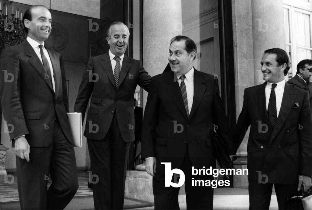 Alain Juppe, Edouard Balladur, Charles Pasqua and Gerard Longuet After Council of Ministers at Elysee Palace in Paris on August 20, 1986 (b/w photo)