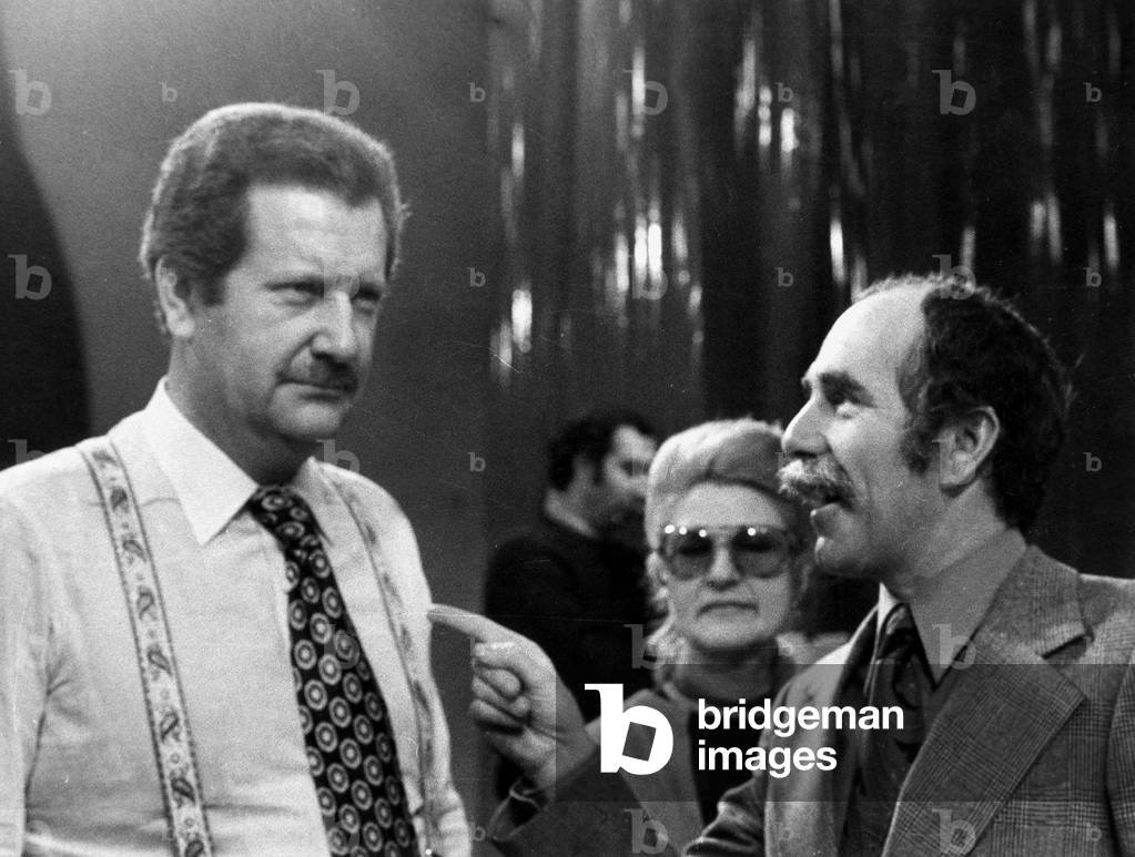 Pierre Bellemare and Jean Paul Rouland during TV Programme January 8, 1972 (b/w photo)