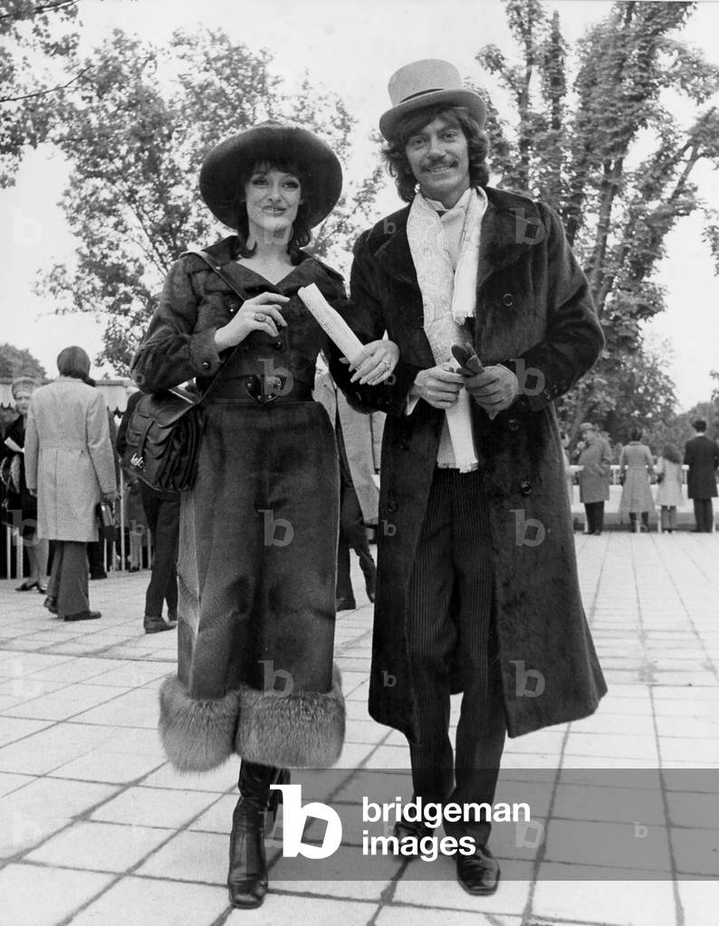 Singer Antoine and Michele Frascoli at Longchamp Horse Race October 05, 1970 (b/w photo)