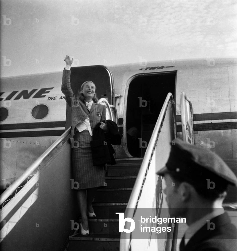 French Actress Michele Morgan Arriving at Orly Airport, Paris, September 23, 1946 (b/w photo)