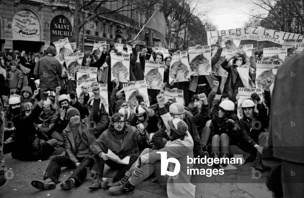 Demonstration of Students on February 19, 1971 To Support Gilles Guiot After his Arrest on February 9, 1971 (b/w photo)