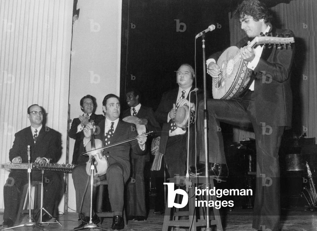 French Singer Enrico Macias on Stage With his Father Playing Violin at Olympia March 9, 1972 Oud (b/w photo)