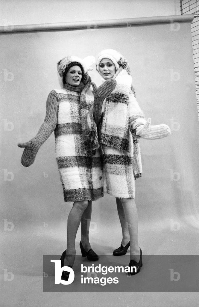 Presentation on July 22, 1973 of Fashion By Jacques Esterel For Autumn-Winter 1973-1974, France : 2 Mohair Coats (b/w photo)