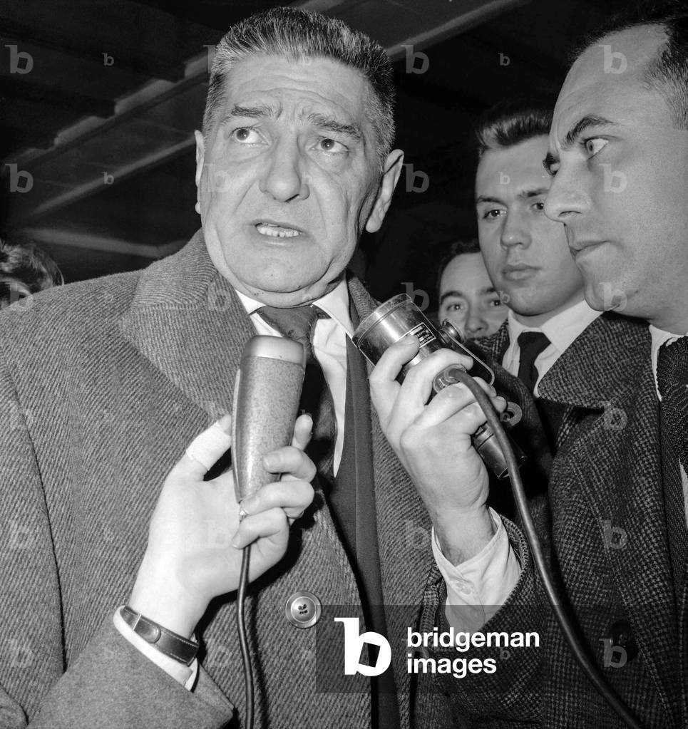 Jean Louis Tixier Vignancour back from Madrid (he's met Pierre Lagaillarde) here at Orly airport, Paris, December 7, 1960 (at time the Barricades trial) (b/w photo)
