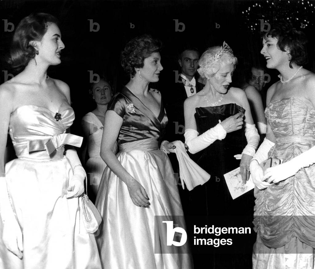 Stella Gelb, Lily Cicurel Mendes-France (Wife of French Prime Minister), Lady Gelb, Vanessa Gelb during Reception at Elysee Palace January 28, 1955 (b/w photo)
