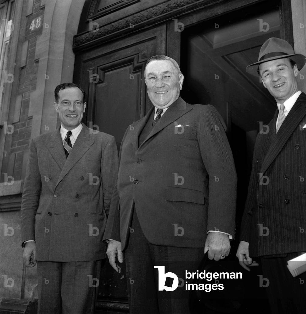 Nicolaas Christiaan Havenga, Finance minister of South Africa, in Paris, August 3, 1949 after meeting with MauricePetsche (b/w photo)