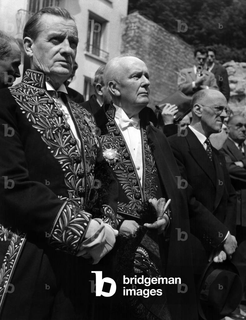 Funeral of Louis Madelin, Marcel Pagnol, Albert Buisson and Andre Chamson, 1956 (b/w photo)