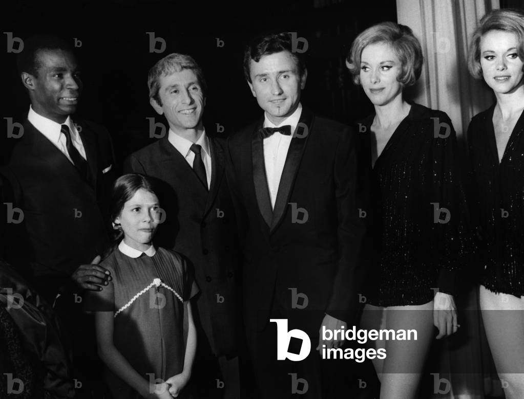 Premiere of French Singer Marcel Amont at The Olympia, Paris, 1967 : Roger Bambuck, Marcel Amont, Michel Jazy, Sisters Ellen and Alice Kessler, Front : Katia (Amont'S Daughter) (b/w photo)