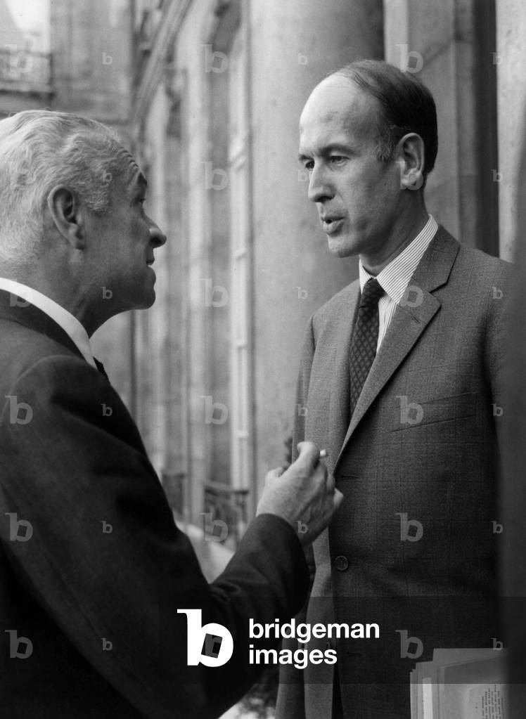Valery Giscard D'Estaing (R, French Prime Minister) Discuss With Roger Frey (State Minister) After A Meeting With Geogespompidou at The Elysee Palace in Paris, September 10, 1969 (b/w photo)