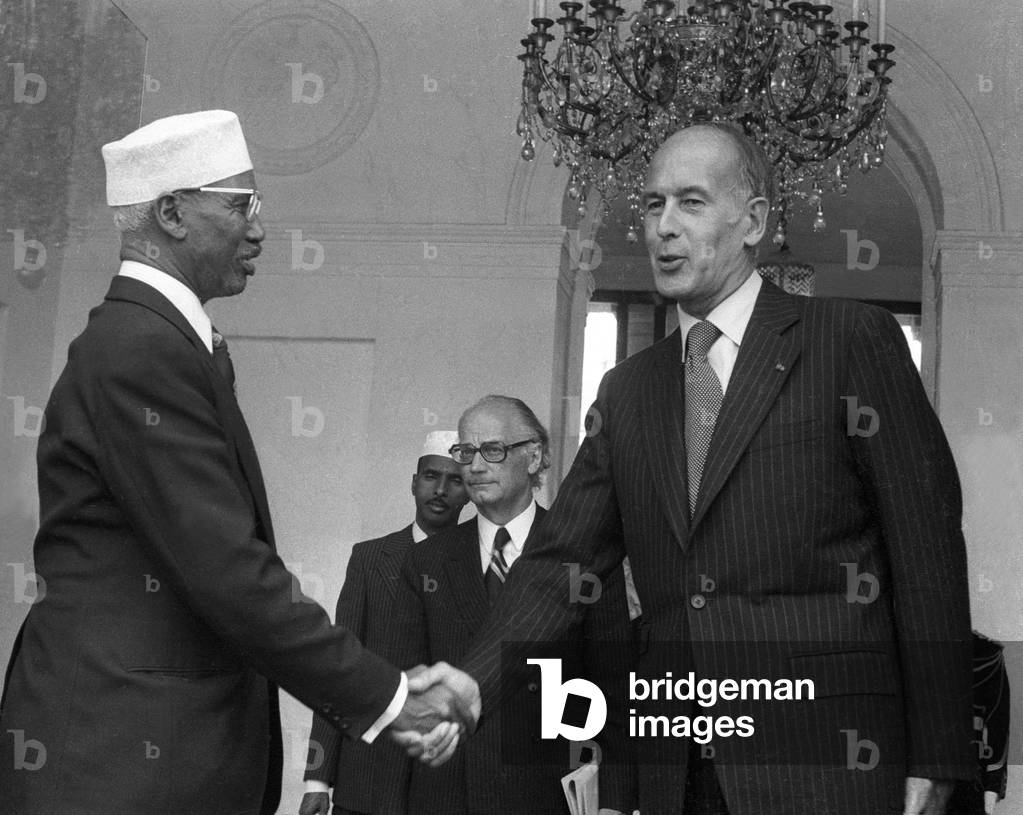 Hassan Gouled Aptidon, President of Djibouti and French President Valery Giscard D'Estaing (Vge) at Elysee, Paris, August 17, 1977 (b/w photo)