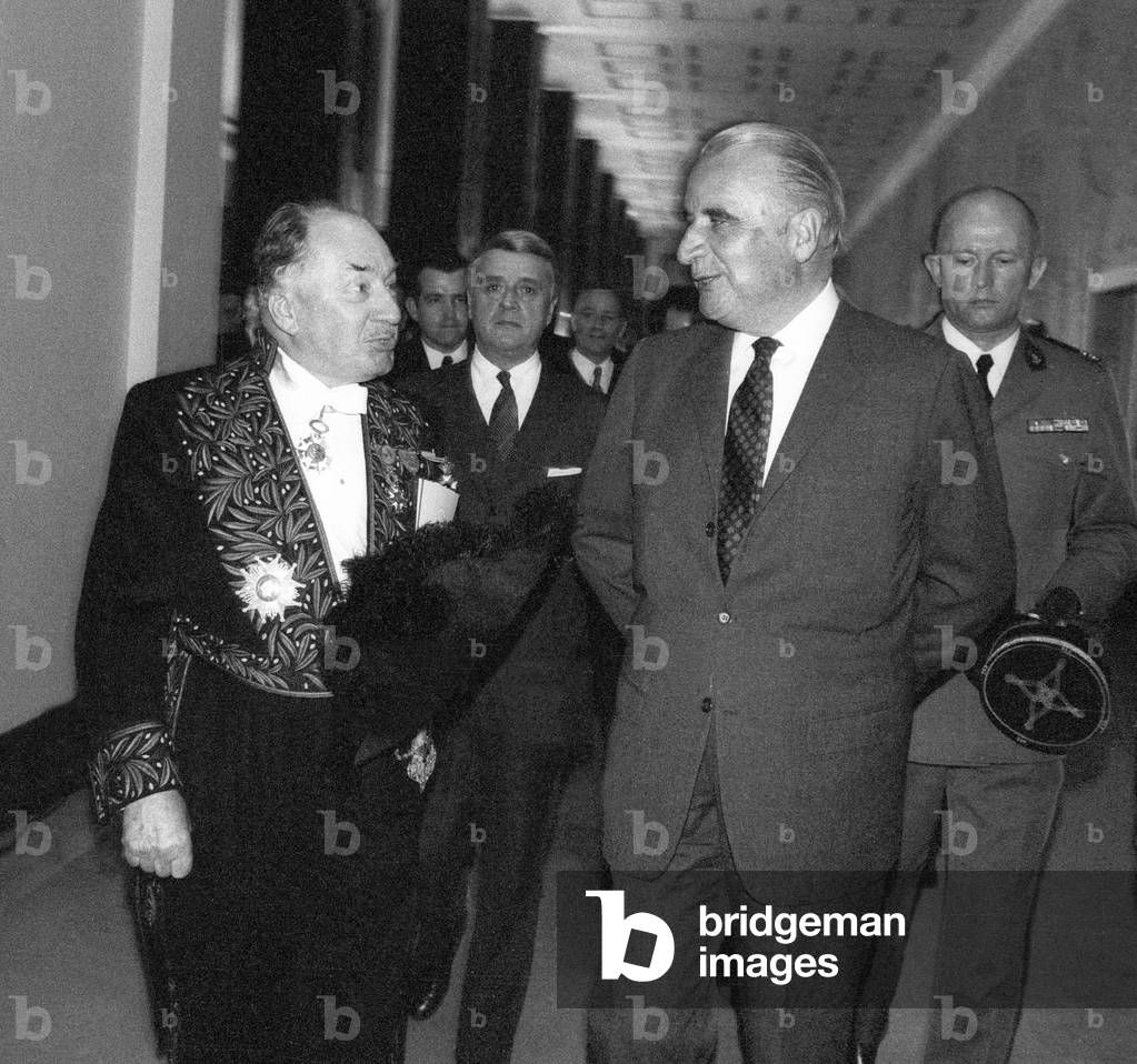 150Th Anniversary of Academy of Medecine : French President Georges Pompidou Welcome By The President of Academy Robert Courrier at The Palais De Chaillot in Paris, April 18, 1972 (b/w photo)
