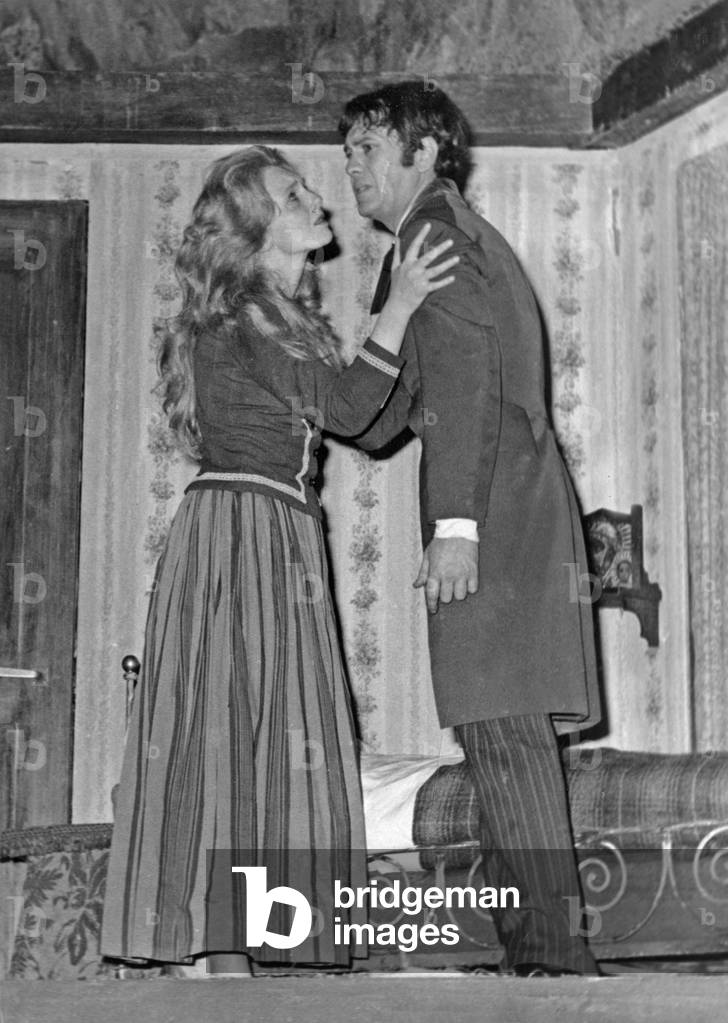 Daniele Ajoret (Sonia) and Robert Hirsch (Raskolnikov) in Play Crime and Punishment at Comedie Francaise, Paris, March 8, 1963 (b/w photo)