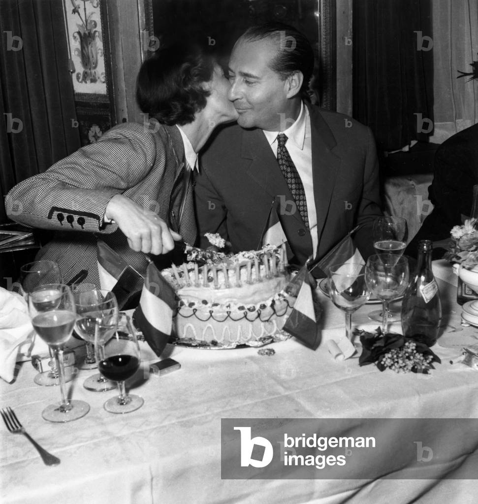 Ingrid Bergman and her 2Nd Husband Roberto Rossellini For his Birthday (45 Years Old), May 8, 1951, Paris (b/w photo)