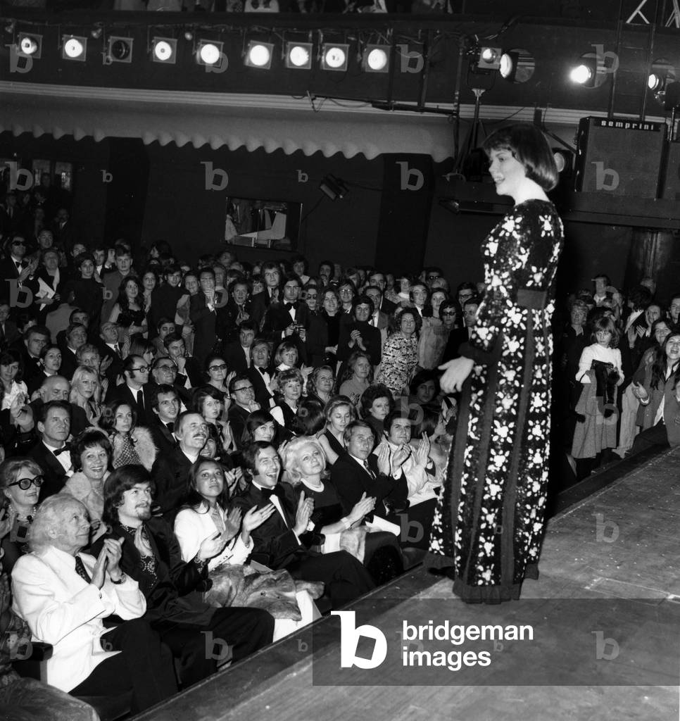 French Singer Mireille Mathieu on Stage at The Olympia, Paris, February 8, 1973 (b/w photo)