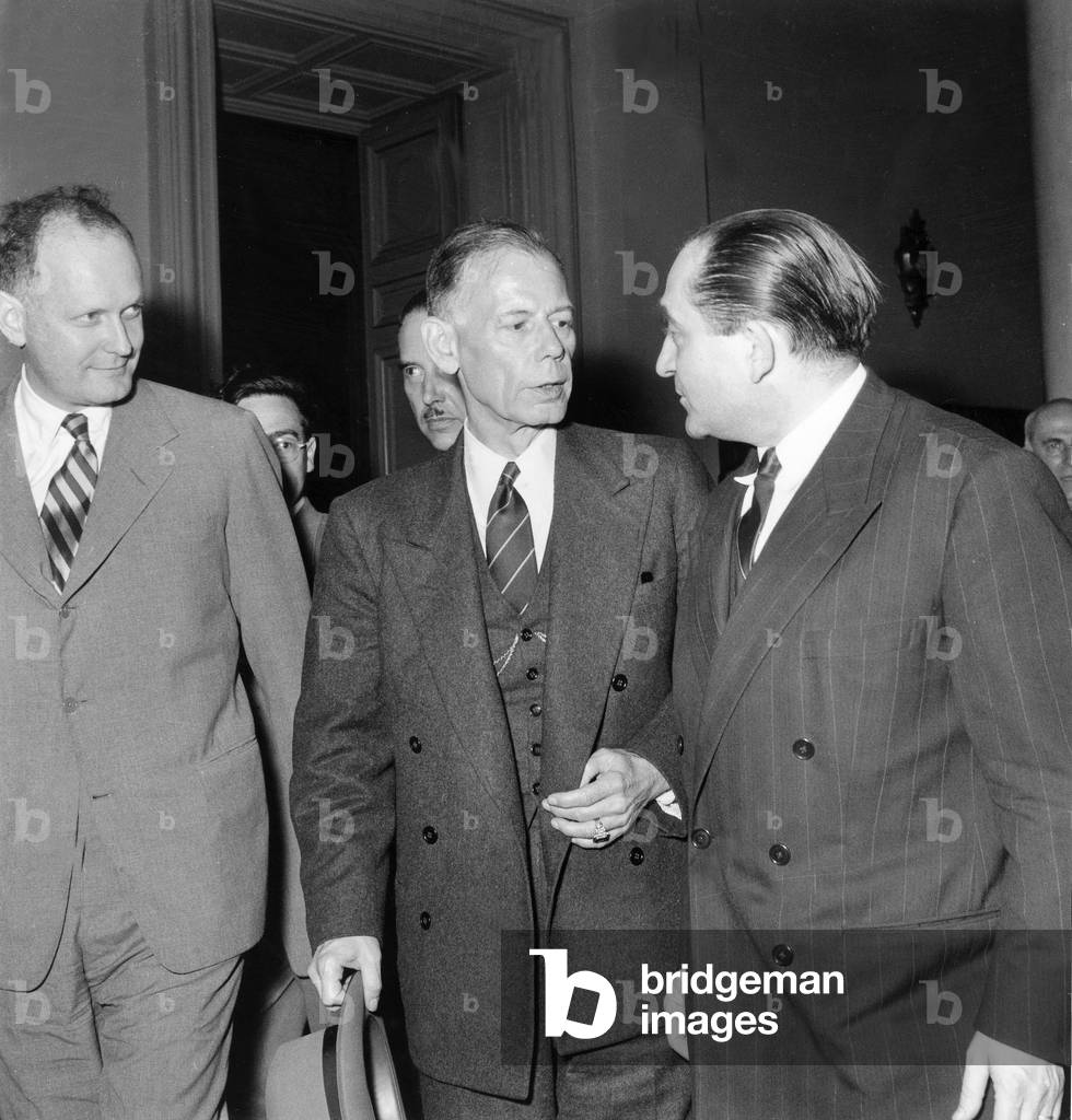 French Prime Minister Pierre Mendes-France Meeting American Under Secretary and Head of American Delegation To Geneva Walter Bedell Smith during Short Stay in Paris June 20, 1954 (b/w photo)