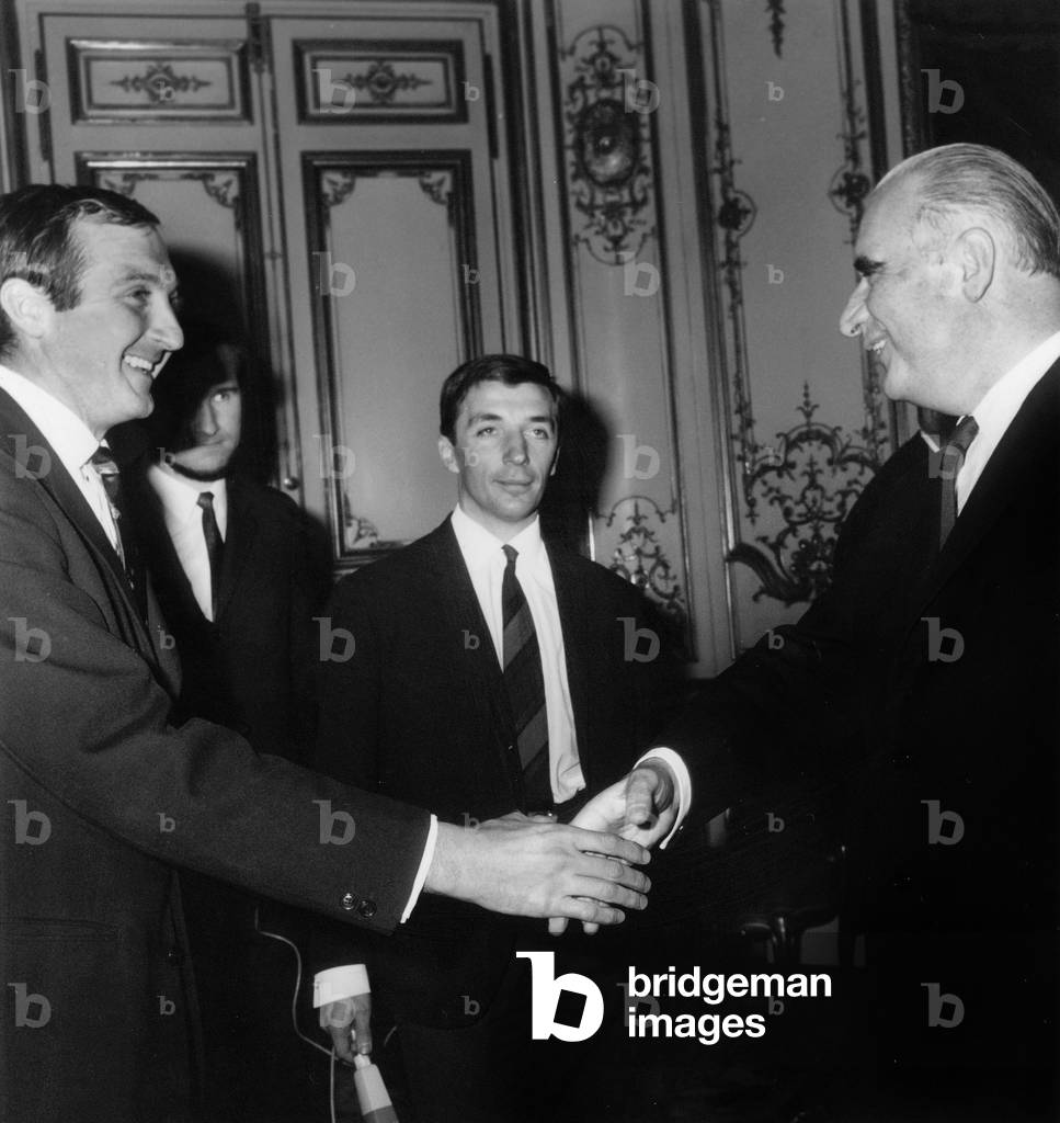 French Prime Minister Georges Pompidou Shaking Hands With Christian Darrouy (L) of The French Rugby Team during Reception at Matignon Hotel April 27, 1967 (b/w photo)