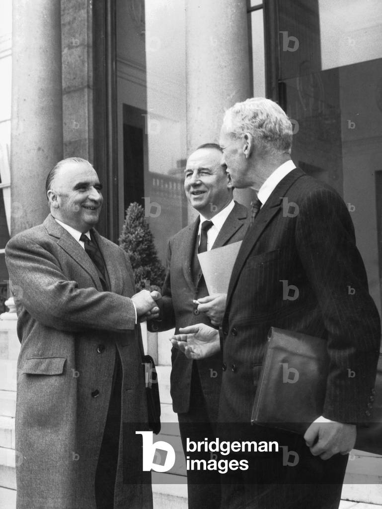 French President Georges Pompidou, Raymond Marcellin, French Minister of Industry and Maurice Couve De Murville, French Minister of Foreign Affairs, Leaving Elysee Palace (Paris) After The Council of Ministers on May 3, 1967 (b/w photo)