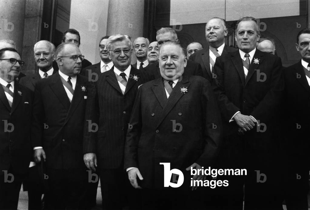 President of the Senate Alain Poher (Centre) Surrounds Members of His Office Leaving L'Elysee After Their Reception By Mr Pompidou October 23, 1969 (b/w photo)