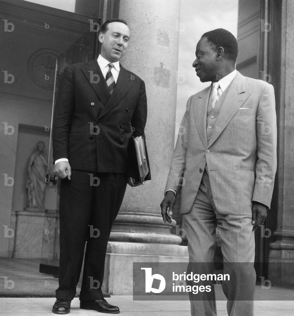 Last Ministers Council at Elysee Palace For Felix Houphouet Boigny Before He Leaves France For Ivory Coast here With Michel Debre Minister of Justice August 20, 1958 (b/w photo)