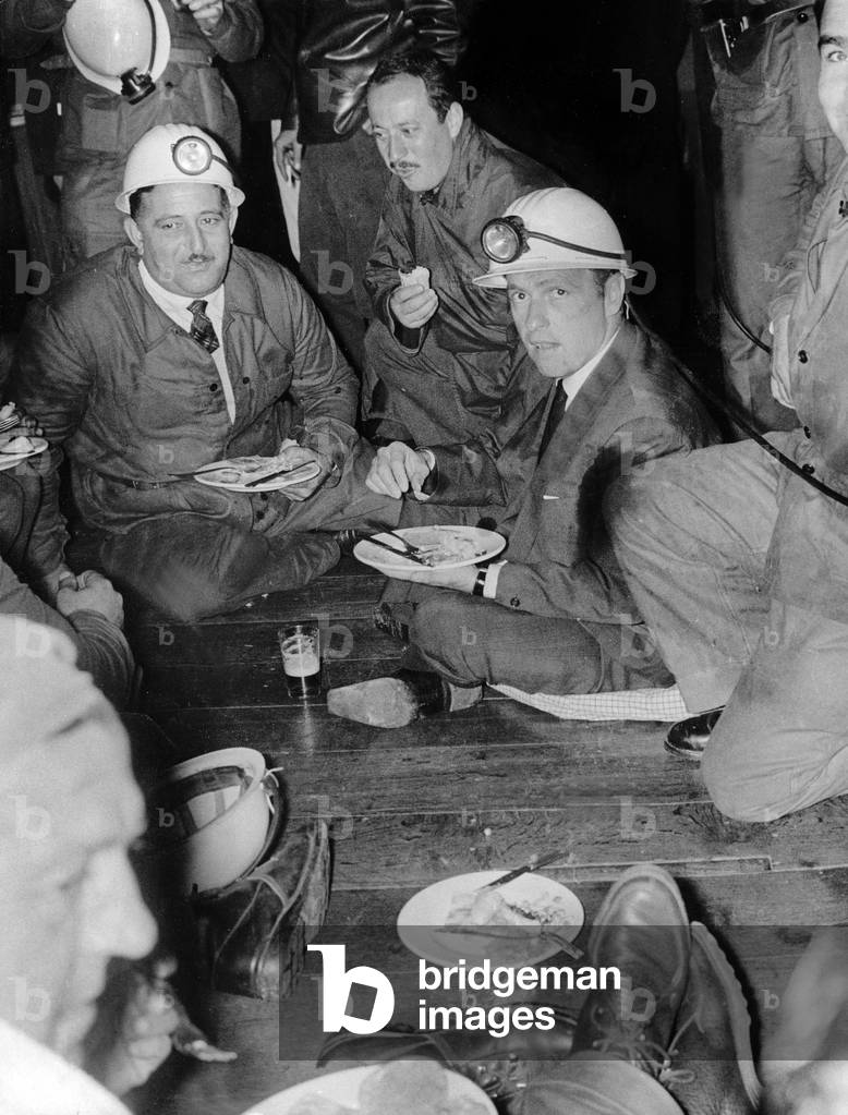 Tv-Presenter Guy Lux Clinking Glasses and Having Lunch With Miners September 08, 1963 (b/w photo)