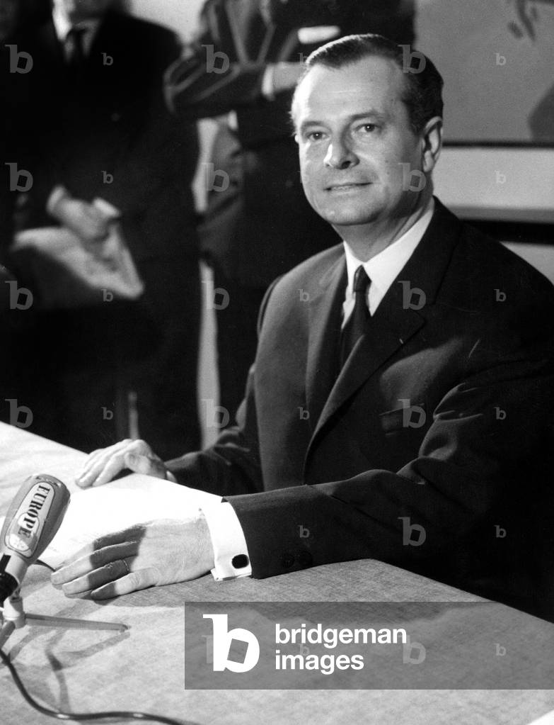 Candidate Jean Lecanuet Announcing The Launching of European Social Democrat and Centre Movement during The First Campaign For Presidential Elections With Universal Suffrage December 9, 1965 France (b/w photo)